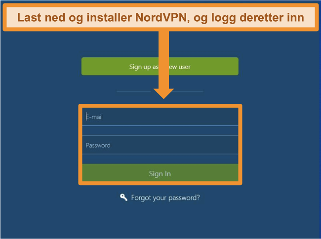 Skjermbilde av påloggingsskjermen på NordVPN Windows-appen