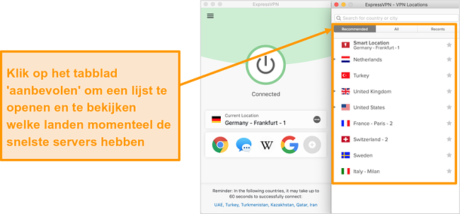 Screenshot van de ExpressVPN-app met aanbevolen servers