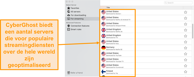 Screenshot van de CyberGhost-app voor Mac met de geoptimaliseerde servers voor streaming