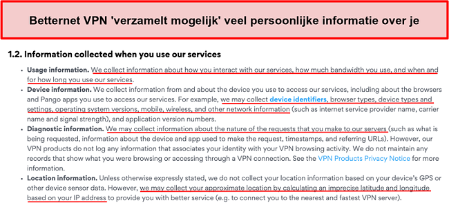 Screenshot van het privacybeleid van Betternet VPN