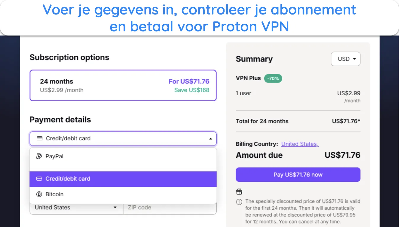 afbeelding van de website van Proton VPN met de abonnementsbeoordeling en betalingsopties.