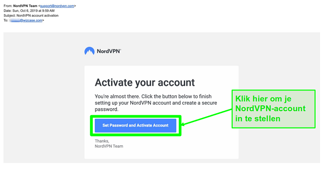 Schermafbeelding van e-mail voor activering van NordVPN-account