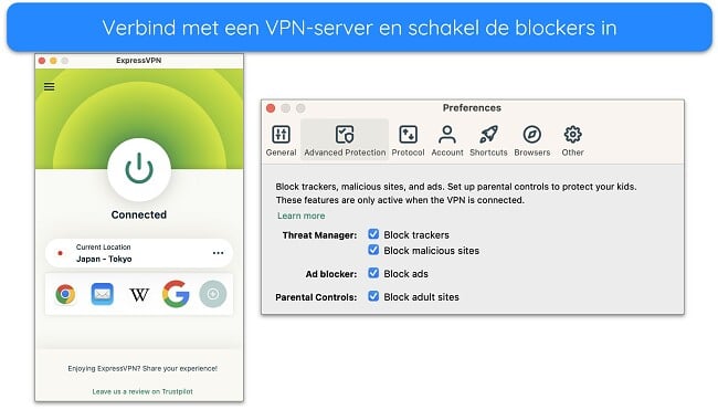 Schermafbeelding van ExpressVPN verbonden met een server en de geavanceerde beveiligingsblokkeringsopties