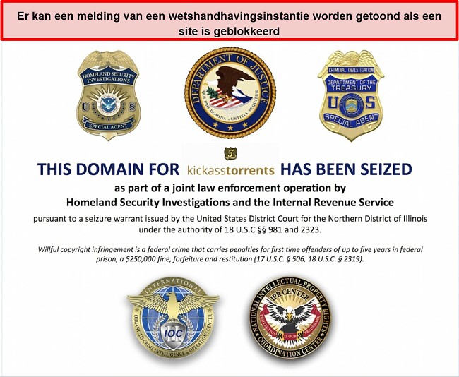 Screenshot van kickass torrents-domein dat in beslag wordt genomen door de Amerikaanse autoriteiten