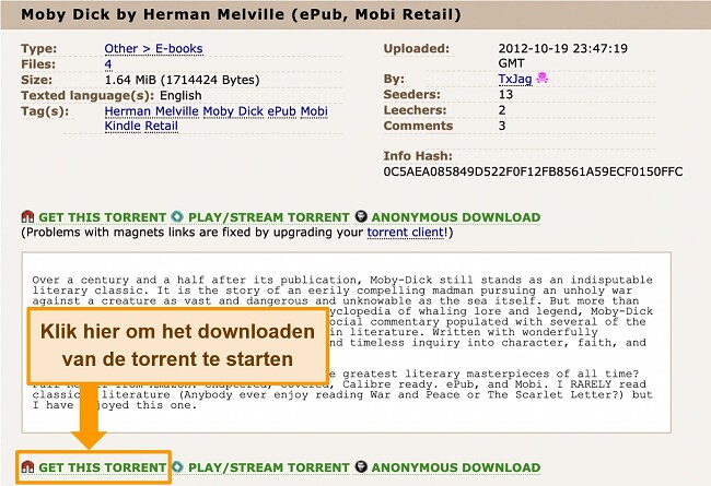 Screenshot van de torrent-downloadpagina op The Pirate Bay