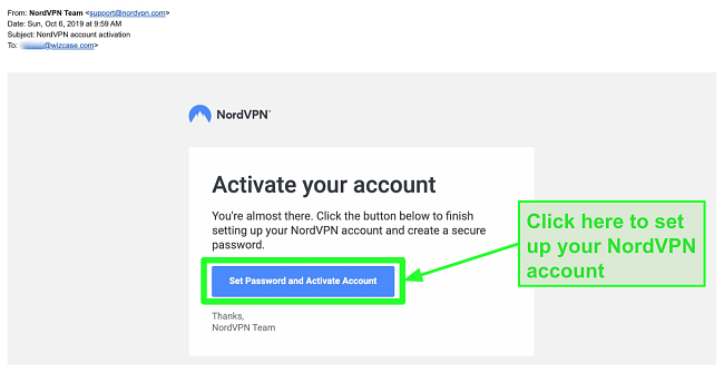 Screenshot of NordVPN account activation email