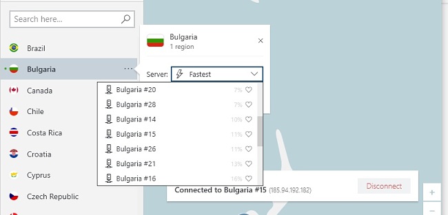 NordVPN изберете по български град
