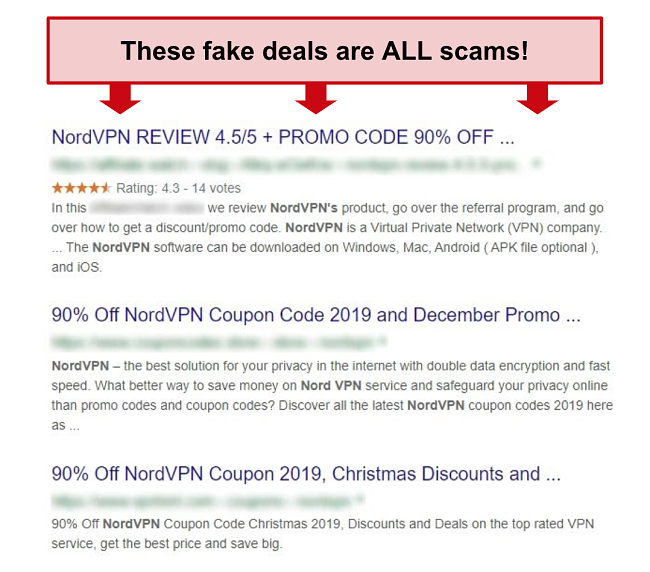 Google results showing fake NordVPN discounts