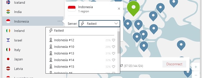 NordVPN memilih kota Indonesia