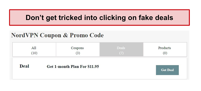 A website showing a fake NordVPN discount deal