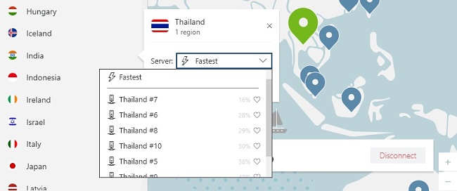NordVPN เลือกตามเมือง