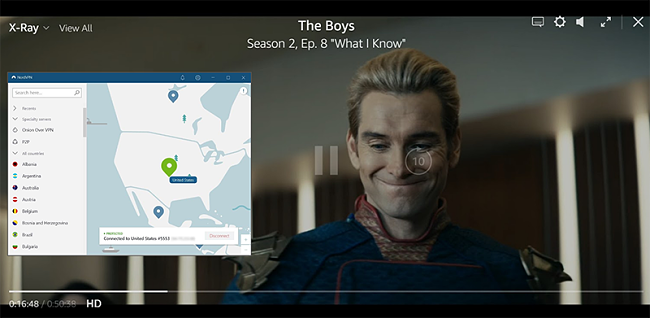 Screenshot z hry The Boys hrající na Amazon Prime USA s NordVPN připojeným k americkému serveru