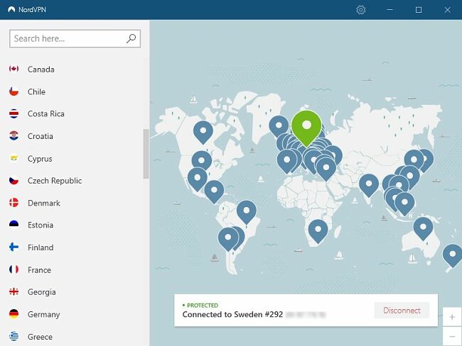 Screenshot of NordVPN's global server options
