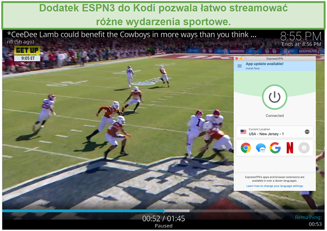 Zrzut ekranu przedstawiający streaming piłki nożnej na ESPN3 z Kodi