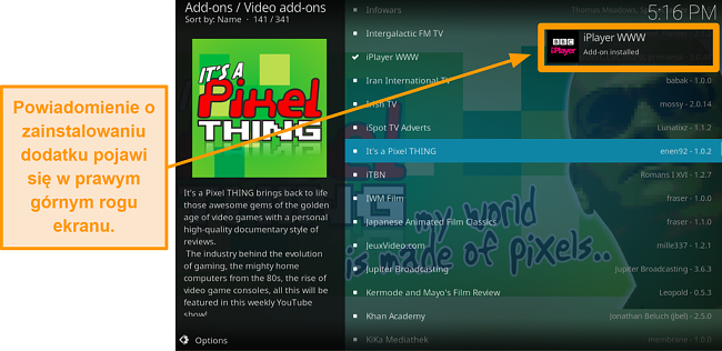 pojawi się zrzut ekranu pokazujący, jak zainstalować oficjalny dodatek kodi w kroku dziesiątym