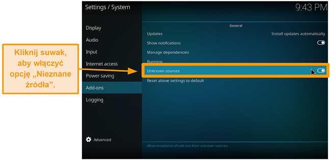 zrzut ekranu jak zainstalować dodatek do kodi innej firmy krok 4 włącz nieznane źródła