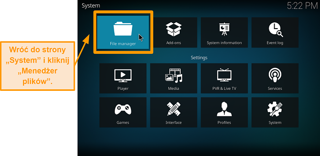 zrzut ekranu jak zainstalować dodatek kodi innej firmy krok 5 kliknij menedżer plików