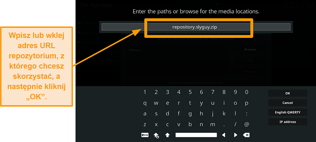 zrzut ekranu jak zainstalować dodatek Kodi innej firmy w kroku 8 wpisz adres URL źródła