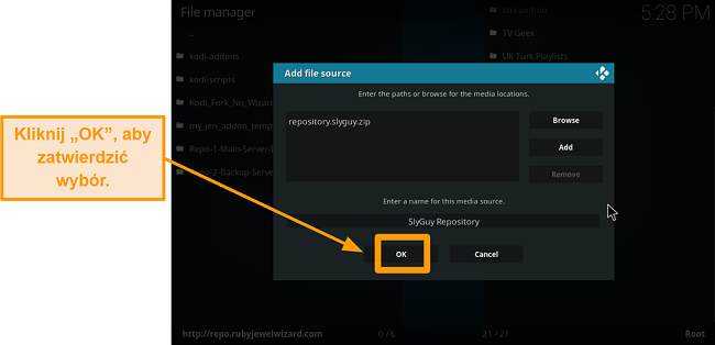 zrzut ekranu jak zainstalować dodatek do kodi innej firmy krok 11 kliknij ok