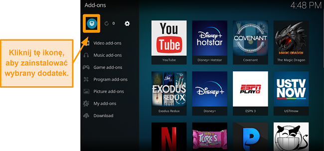 zrzut ekranu jak zainstalować dodatek Kodi innej firmy krok 13 kliknij ikonę pola