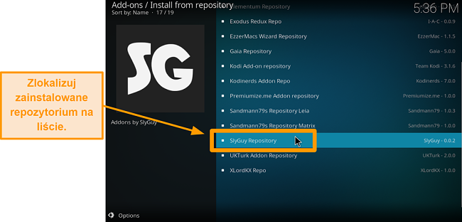 zrzut ekranu jak zainstalować dodatek Kodi innej firmy. Krok 19 znajdź właśnie zainstalowane repozytorium