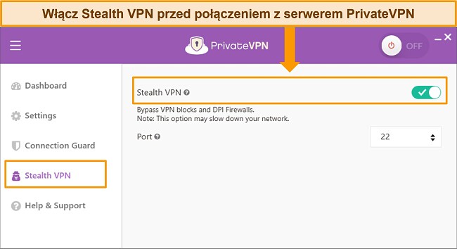 Zrzut ekranu aplikacji PrivateVPN dla systemu Windows podkreślający funkcję Stealth VPN