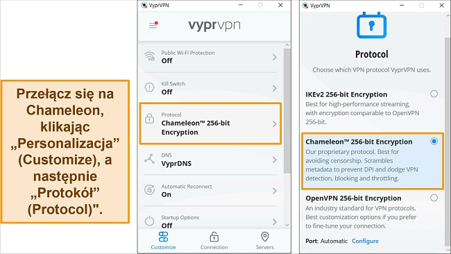 Zrzuty ekranu aplikacji VyprVPN dla systemu Windows, pokazujące, jak znaleźć i zmienić protokół połączenia na Chameleon