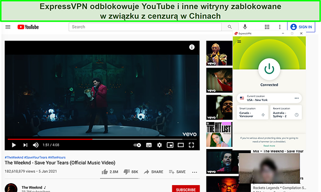 Zrzut ekranu przedstawiający połączenie ExpressVPN z serwerem w USA i odblokowanie YouTube w Chinach