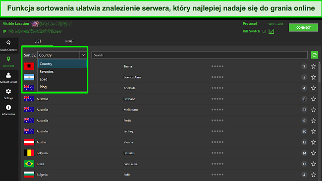 Zrzut ekranu funkcji sortowania IPVanish