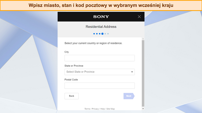 Zrzut ekranu ekranu tworzenia konta PlayStation z prośbą o adres