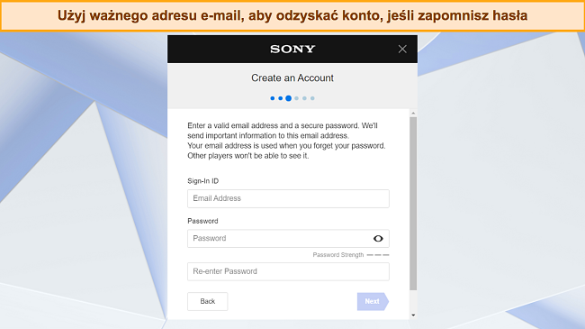 Zrzut ekranu przedstawiający ekran tworzenia konta PlayStation z prośbą o podanie adresu e-mail