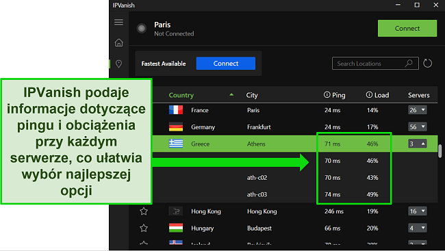 Zrzut ekranu aplikacji Windows IPVanish, pokazujący menu poszczególnych serwerów i podkreślający ping i obciążenie użytkowników serwerów