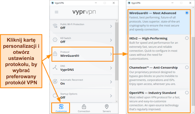 Zrzut ekranu przedstawiający opcje dostosowywania za pomocą protokołu Chameleon w aplikacji VyprVPN