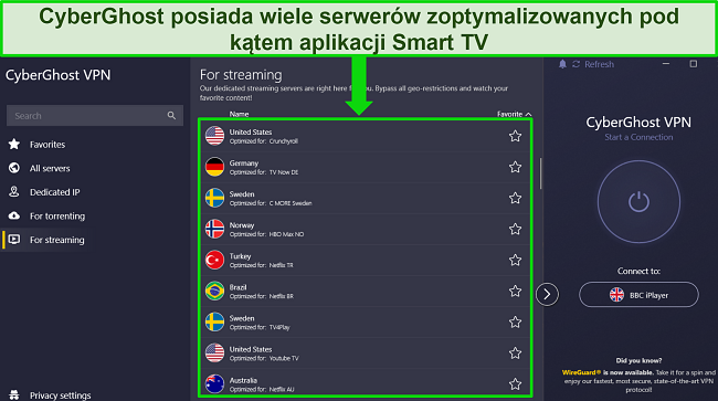 Zrzut ekranu aplikacji Windows CyberGhost ze zoptymalizowanym menu serwera strumieniowego otwartym i wyróżnionym, aby pokazać różne opcje serwera