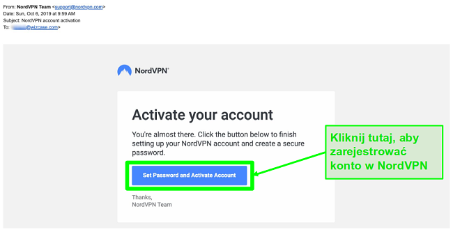Zrzut ekranu z wiadomości aktywacyjnej konta NordVPN