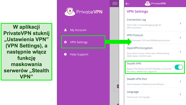 Zrzuty ekranu aplikacji PrivateVPN iOS pokazujące, jak włączyć funkcję Stealth VPN