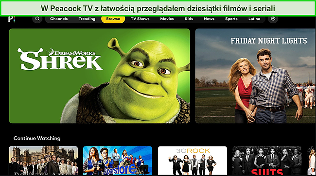 Zrzut ekranu pulpitu użytkownika Peacock TV.