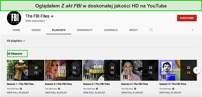 Zrzut ekranu kanału i playlisty „The FBI Files” na YouTube.