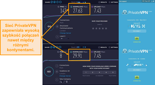 Zrzut ekranu przedstawiający porównanie prędkości PrivateVPN