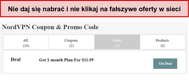 Strona internetowa przedstawiająca fałszywą ofertę rabatową NordVPN