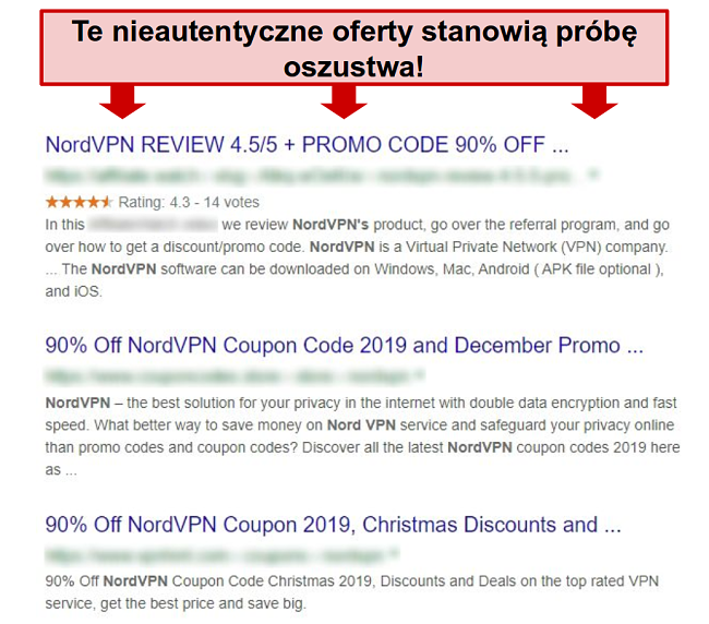Wyniki Google pokazujące fałszywe rabaty NordVPN
