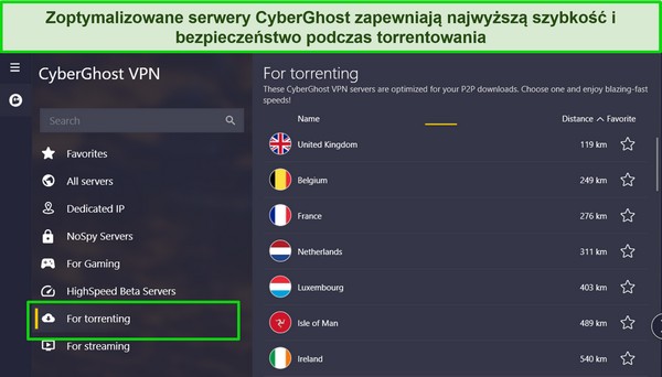 Zrzut ekranu aplikacji CyberGhost dla systemu Windows z podświetloną listą serwerów torrentowych.