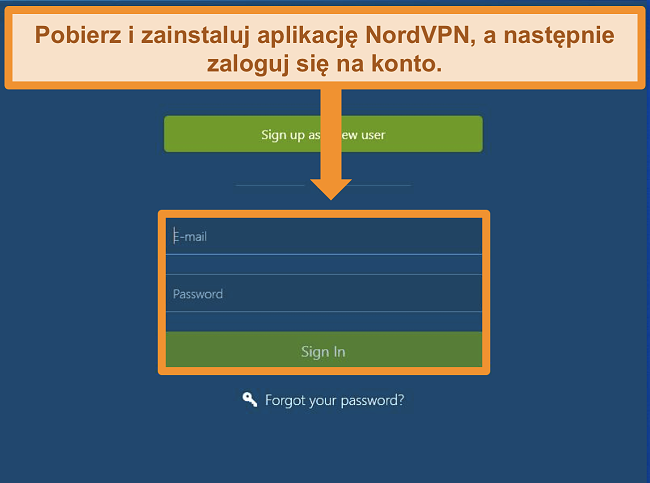 Zrzut ekranu ekranu logowania w aplikacji NordVPN dla systemu Windows