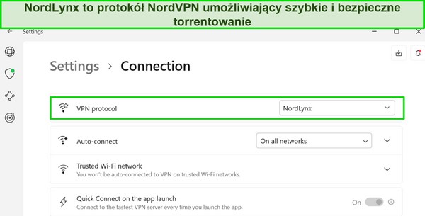 Zrzut ekranu aplikacji NordVPN dla systemu Windows przedstawiający wybrany protokół NordLynx