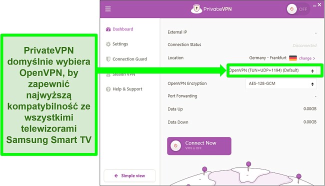 Zrzut ekranu PrivateVPN na Samsung Smart TV