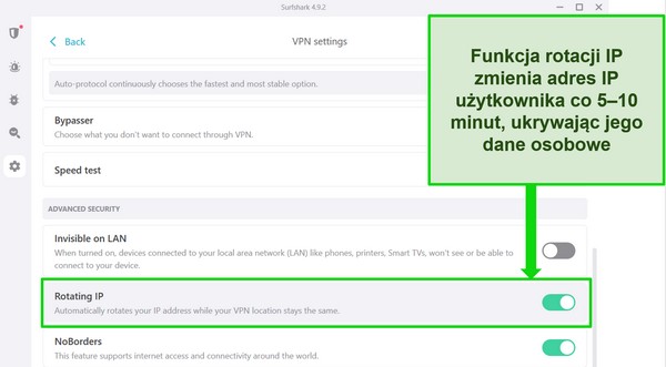 Zrzut ekranu interfejsu systemu Windows Surfshark pokazujący włączoną opcję obracania adresów IP