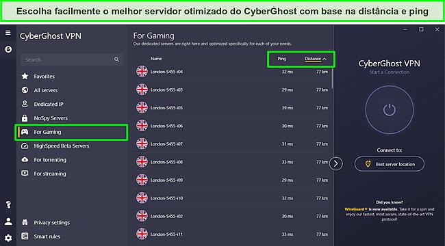 Captura de tela dos servidores de jogos dedicados da CyberGhost com opções de classificação de ping e distância destacadas.