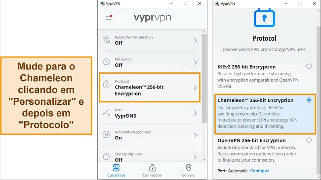 Capturas de tela do aplicativo Windows do VyprVPN, mostrando como encontrar e alterar o protocolo de conexão para Chameleon