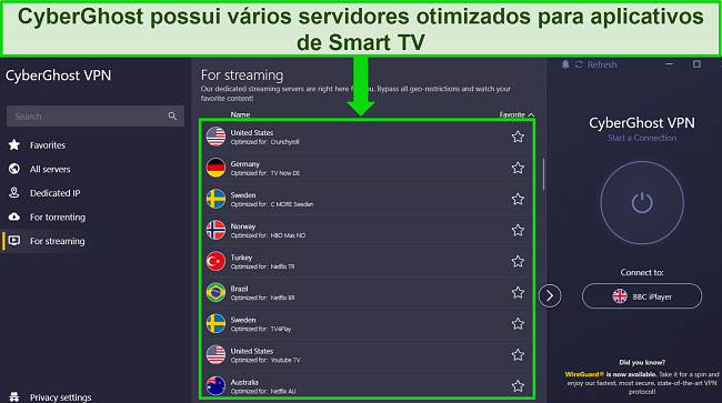 Captura de tela do aplicativo Windows do CyberGhost com o menu otimizado do servidor de streaming aberto e realçado para mostrar diferentes opções de servidor