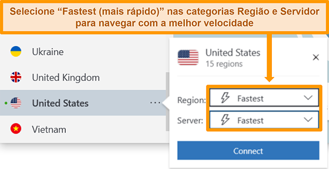 Captura de tela das opções de servidor do NordVPN para os EUA, mostrando a região e o servidor mais rápidos